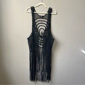Vintage Crochet Swim‎ Cover Up Black Open Knit Fringe Midi Boho Hippie Goth Y2K